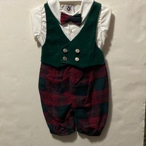 Boys 12 mos Red&Green 3-Piece HOLIDAY OUTFIT; LS Shirt+Vest/Knickers+Bowtie NWOT